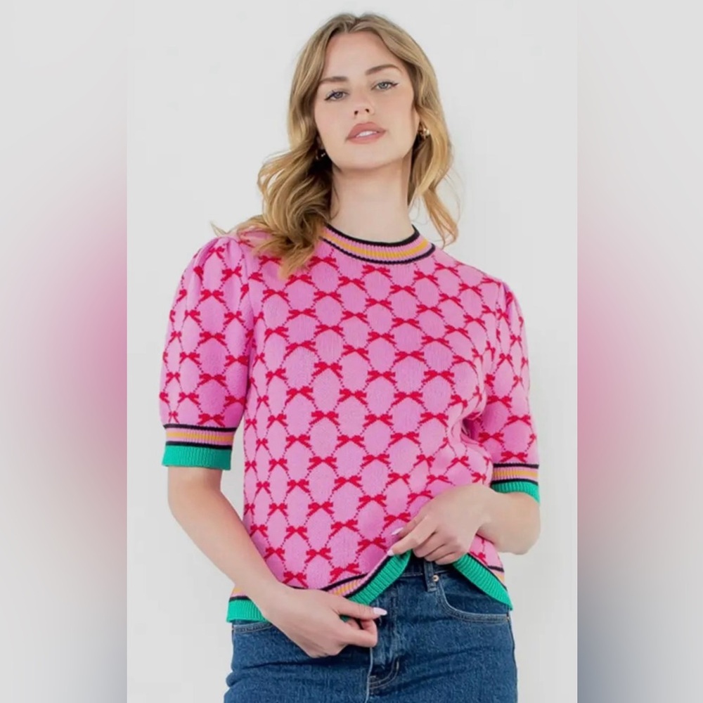 Pink Patterned Short Sleeve Bow Sweater